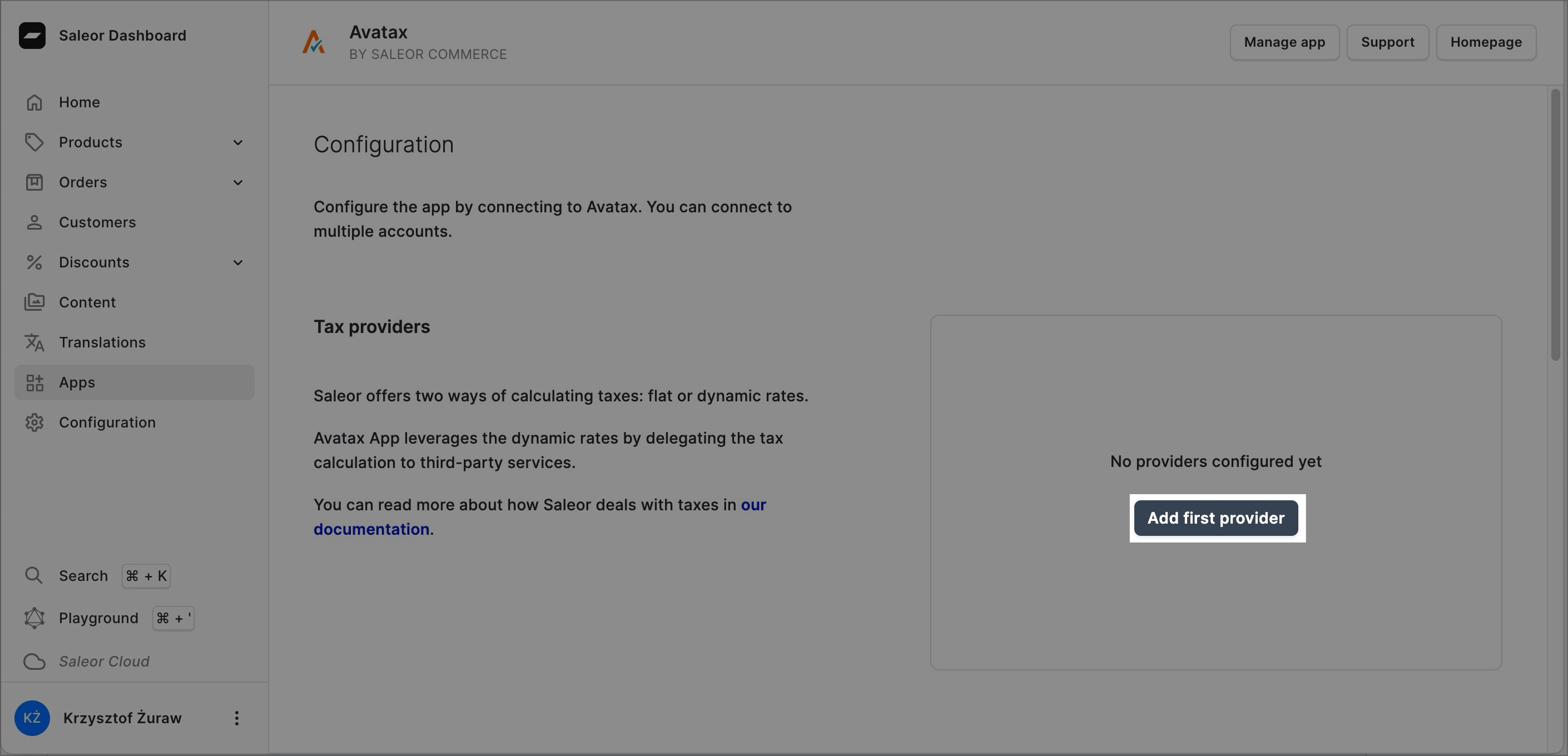 A screenshot of the Saleor Dashboard in the "AvaTax" app configuration section. The "Add first provider" button is highlighted."